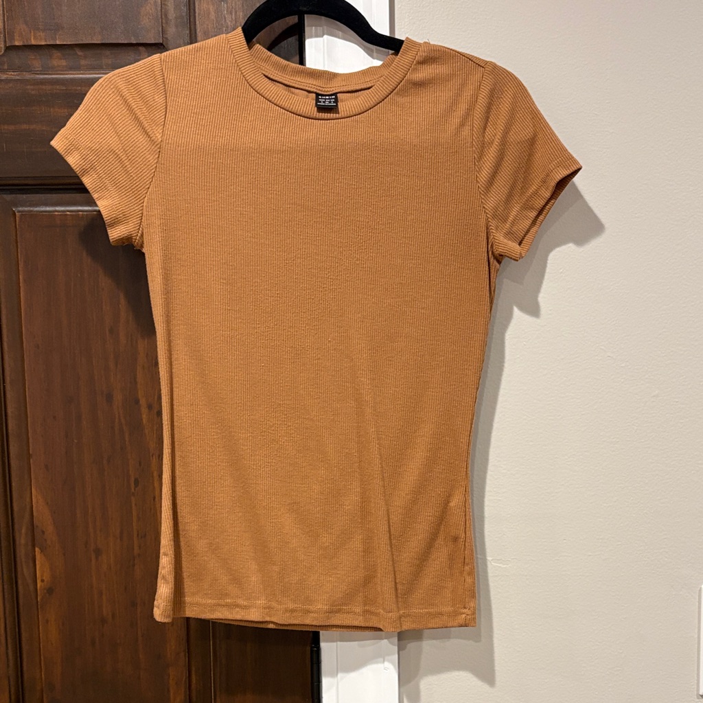 Shein Tan Ribbed Short Sleeve Tee